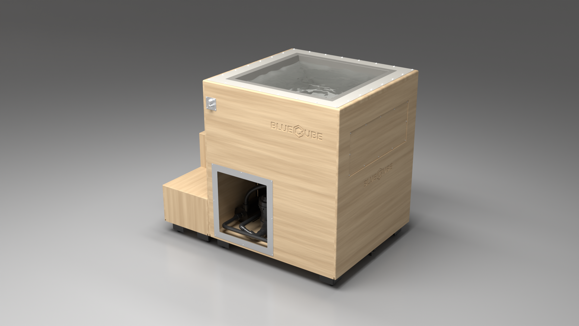 BlueCube LIMITLESS cold plunge tub uncladded with gel coated tub left back view [bc color=uncladded screen=frame deck=none tub=gel-coated view=bl]