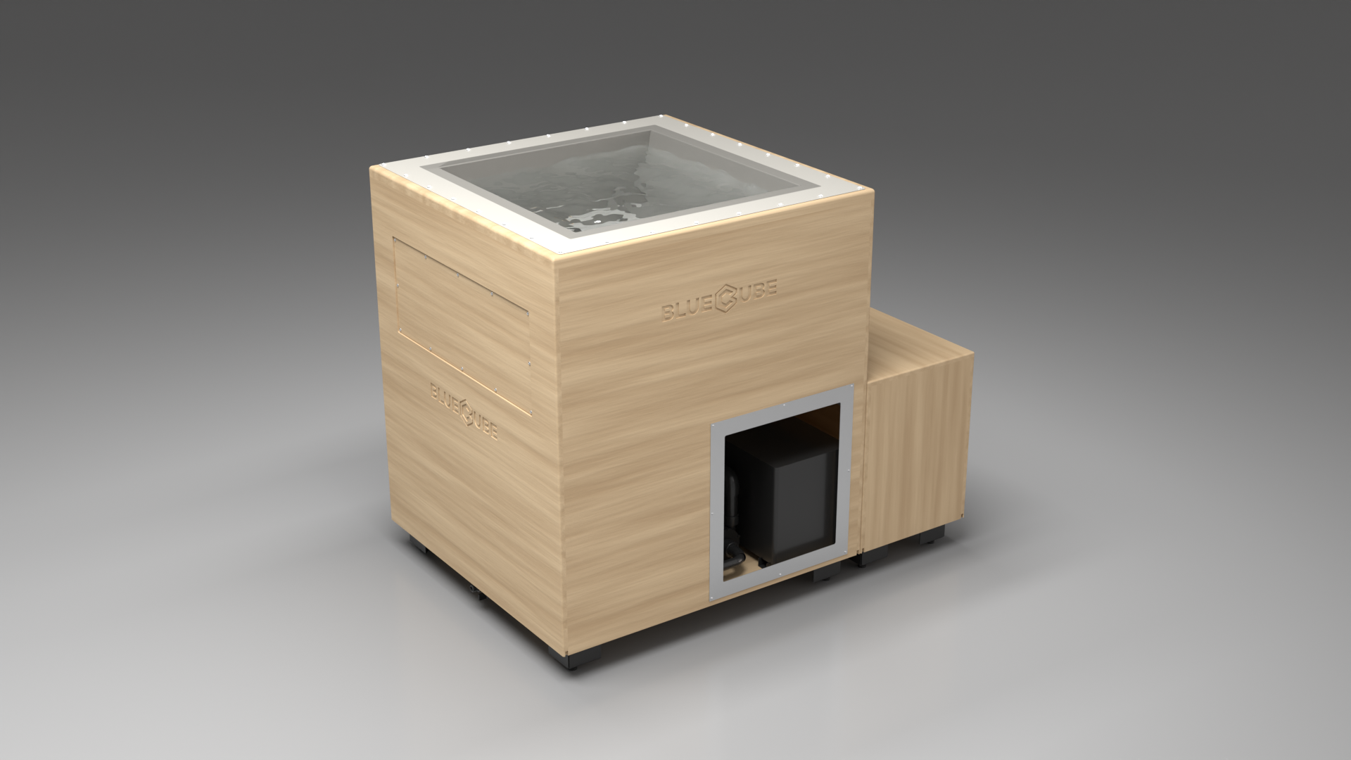 BlueCube LIMITLESS cold plunge tub uncladded with gel coated tub left front view [bc color=uncladded screen=frame deck=none tub=gel-coated view=fl]
