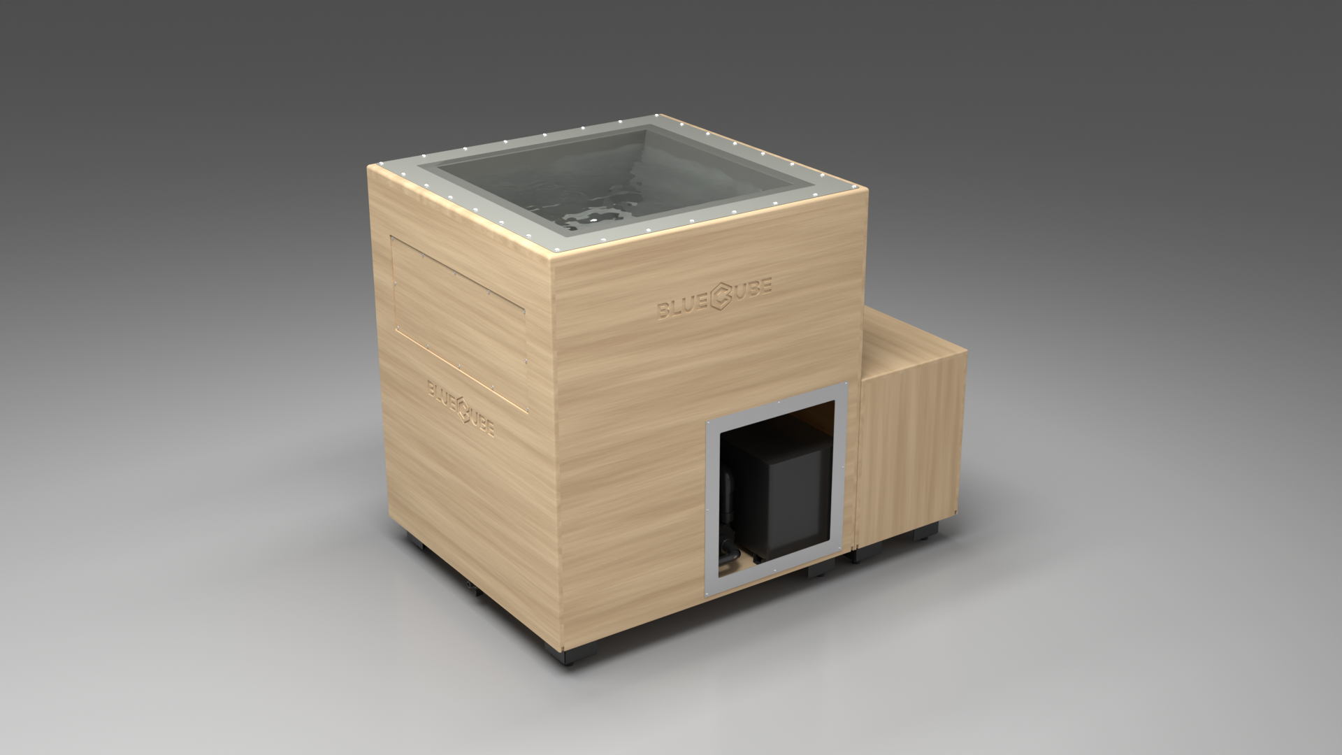 BlueCube LIMITLESS cold plunge tub uncladded with hempcarbon tub left front view [bc color=uncladded screen=frame deck=none tub=hempcarbon view=fl]