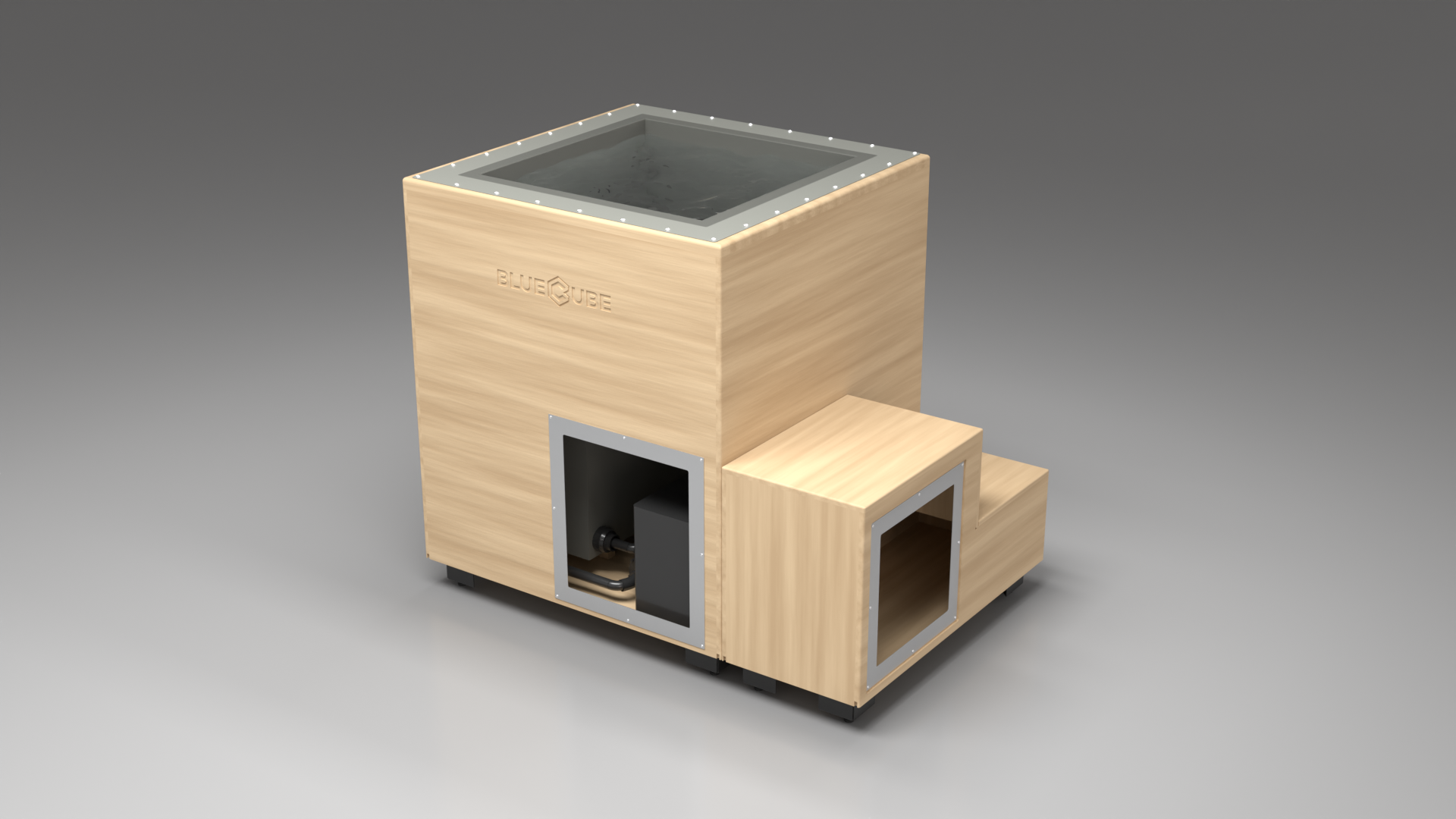 BlueCube LIMITLESS cold plunge tub uncladded with hempcarbon tub right front view [bc color=uncladded screen=frame deck=none tub=hempcarbon view=fr]