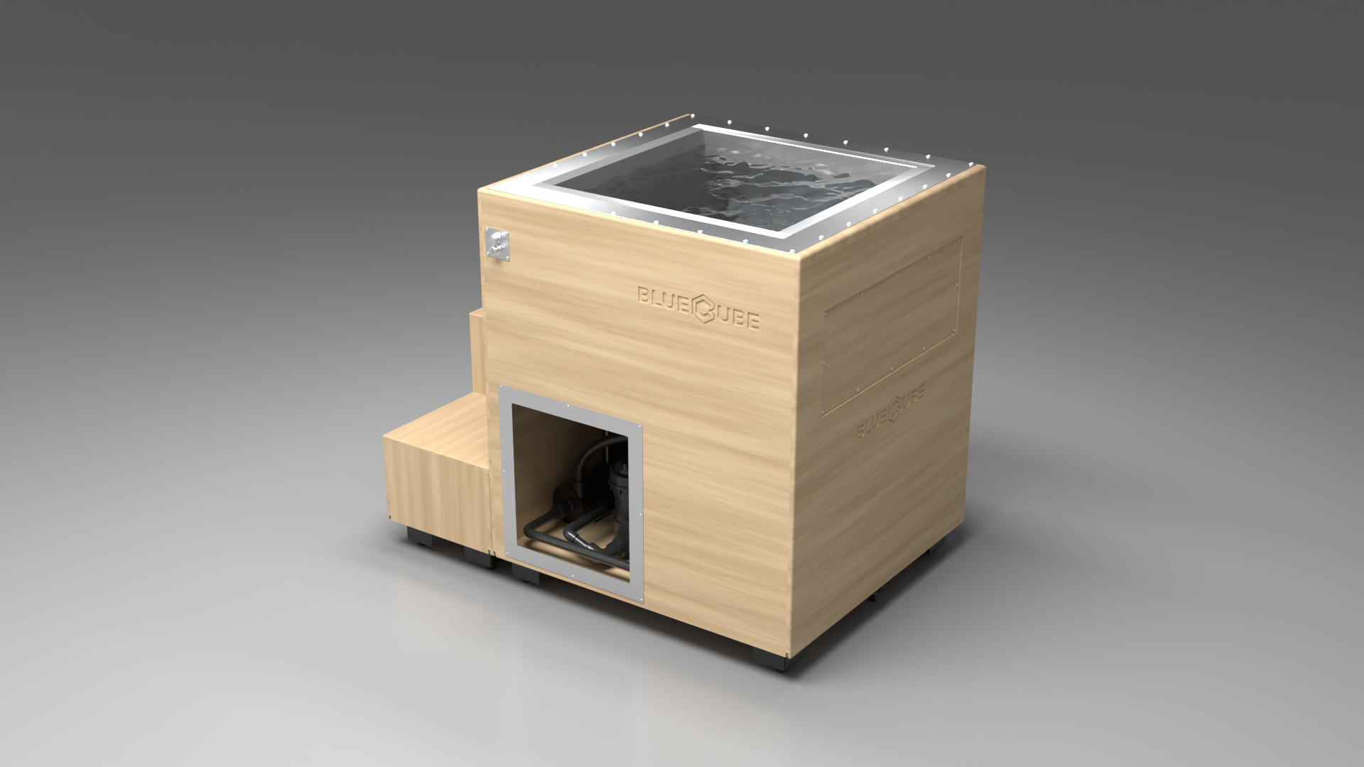 BlueCube LIMITLESS cold plunge tub uncladded left back view [bc color=uncladded screen=frame deck=none tub=stainless view=bl]