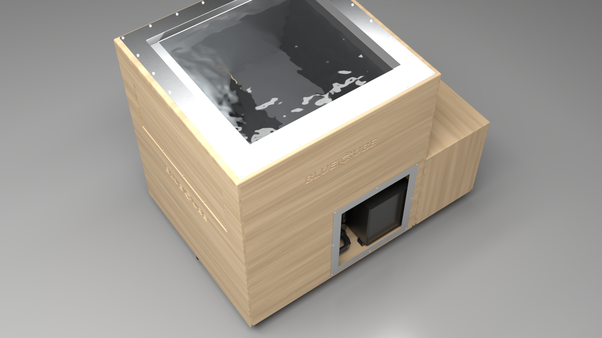 BlueCube LIMITLESS cold plunge tub uncladded top down view [bc color=uncladded screen=frame deck=none tub=stainless view=top]