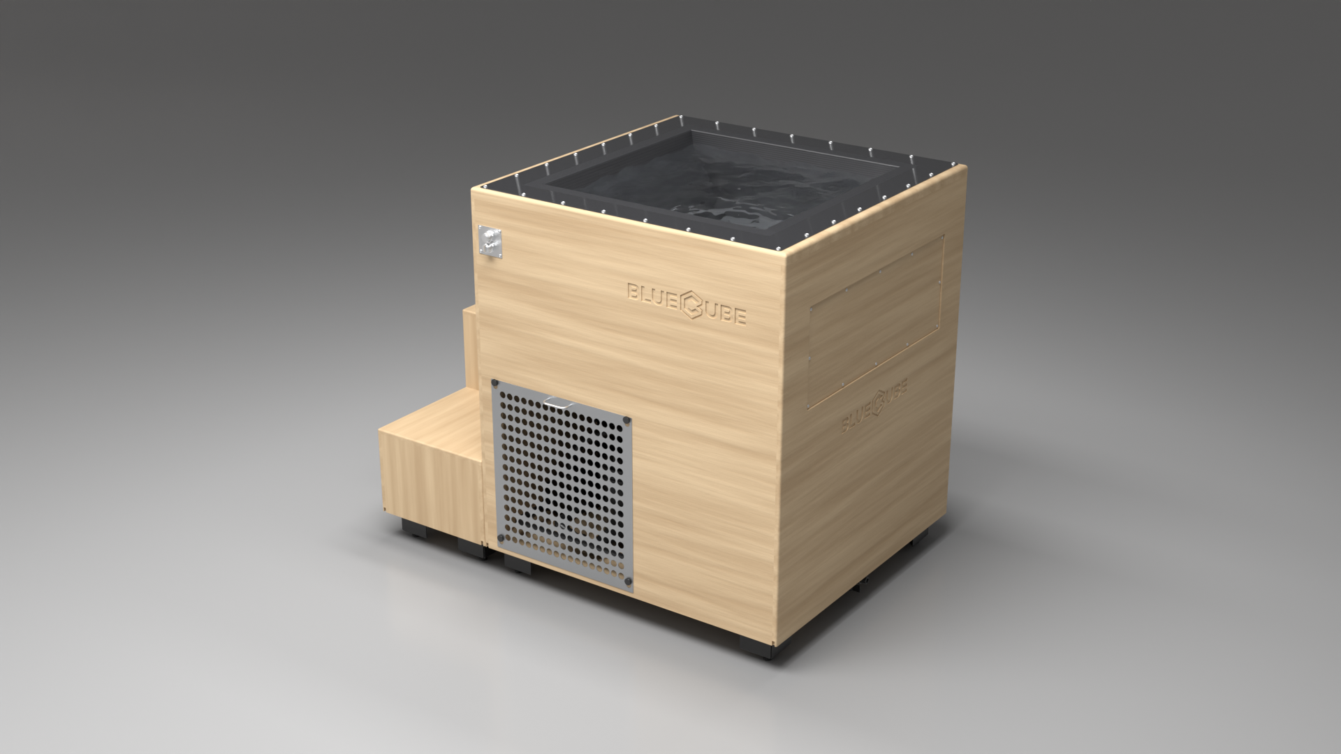 BlueCube LIMITLESS cold plunge tub uncladded with perforated screens with carbon fiber tub left back view [bc color=uncladded screen=screen deck=none tub=carbon-fiber view=bl]