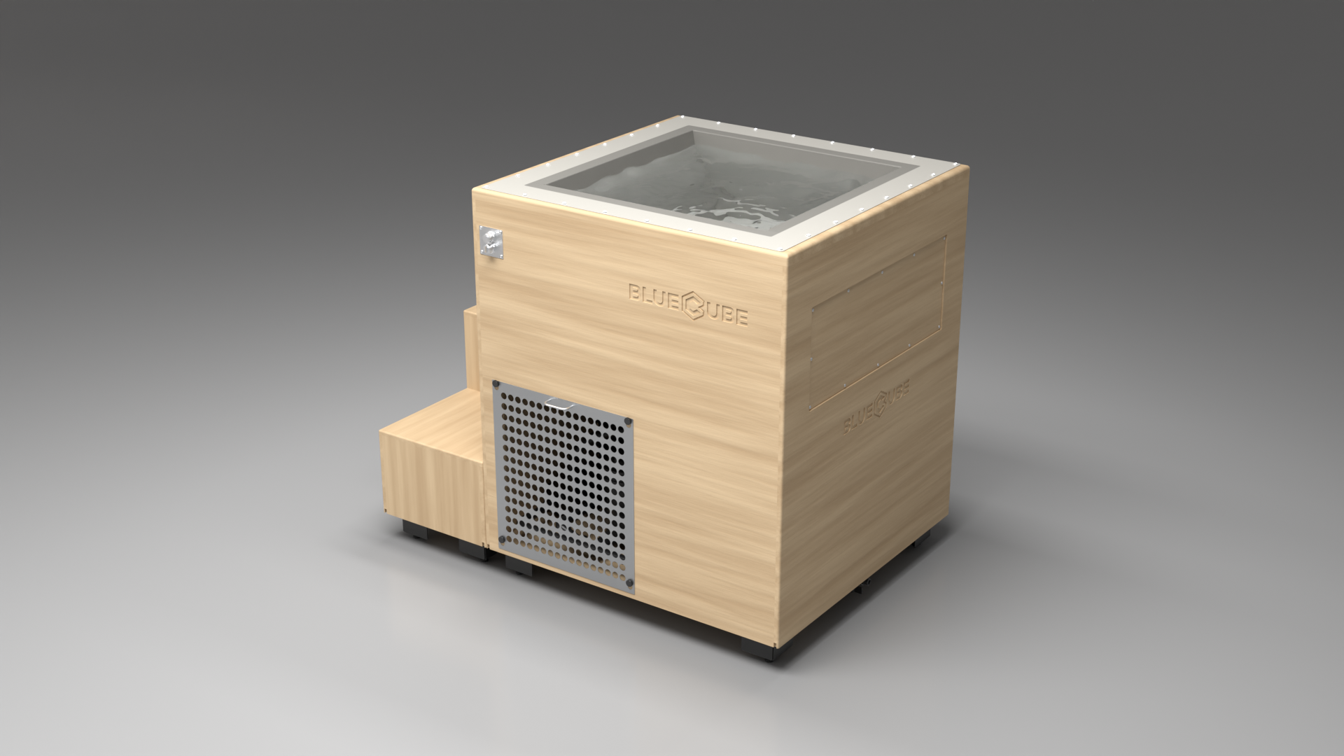 BlueCube LIMITLESS cold plunge tub uncladded with perforated screens with gel coated tub left back view [bc color=uncladded screen=screen deck=none tub=gel-coated view=bl]