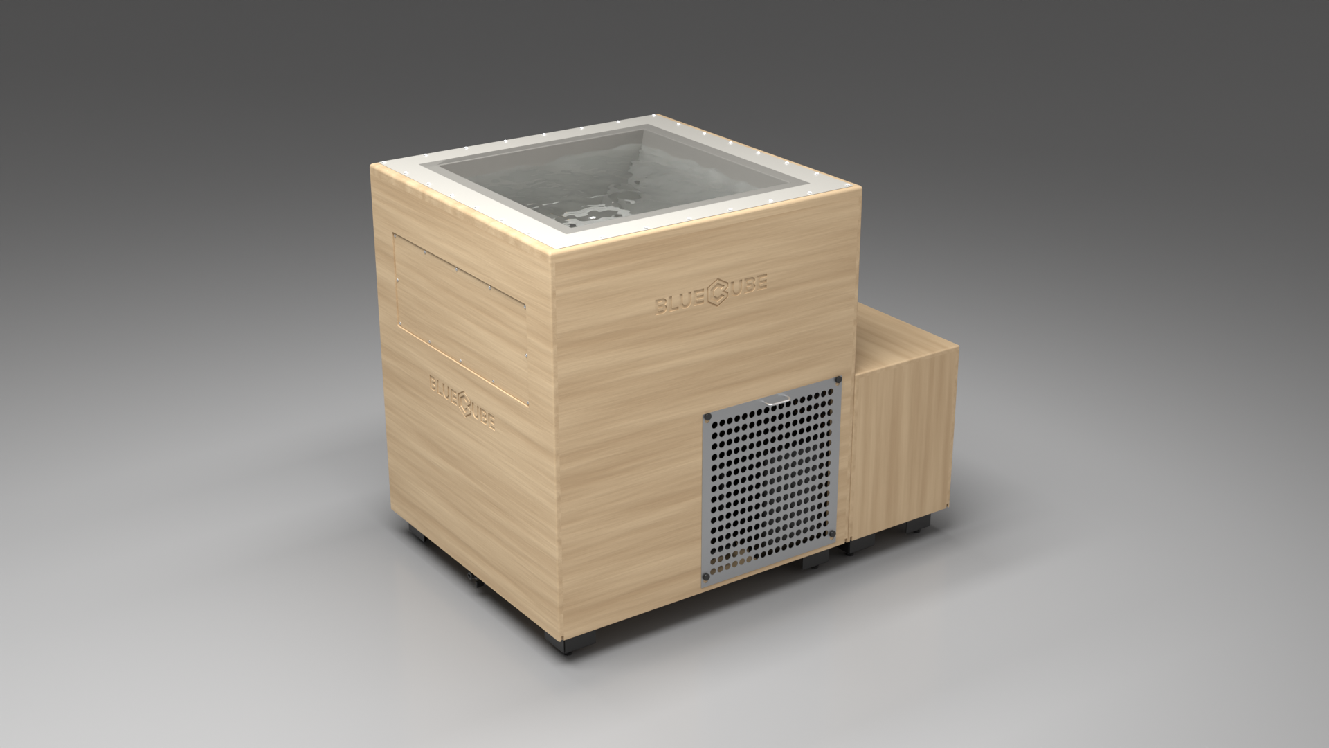 BlueCube LIMITLESS cold plunge tub uncladded with perforated screens with gel coated tub left front view [bc color=uncladded screen=screen deck=none tub=gel-coated view=fl]