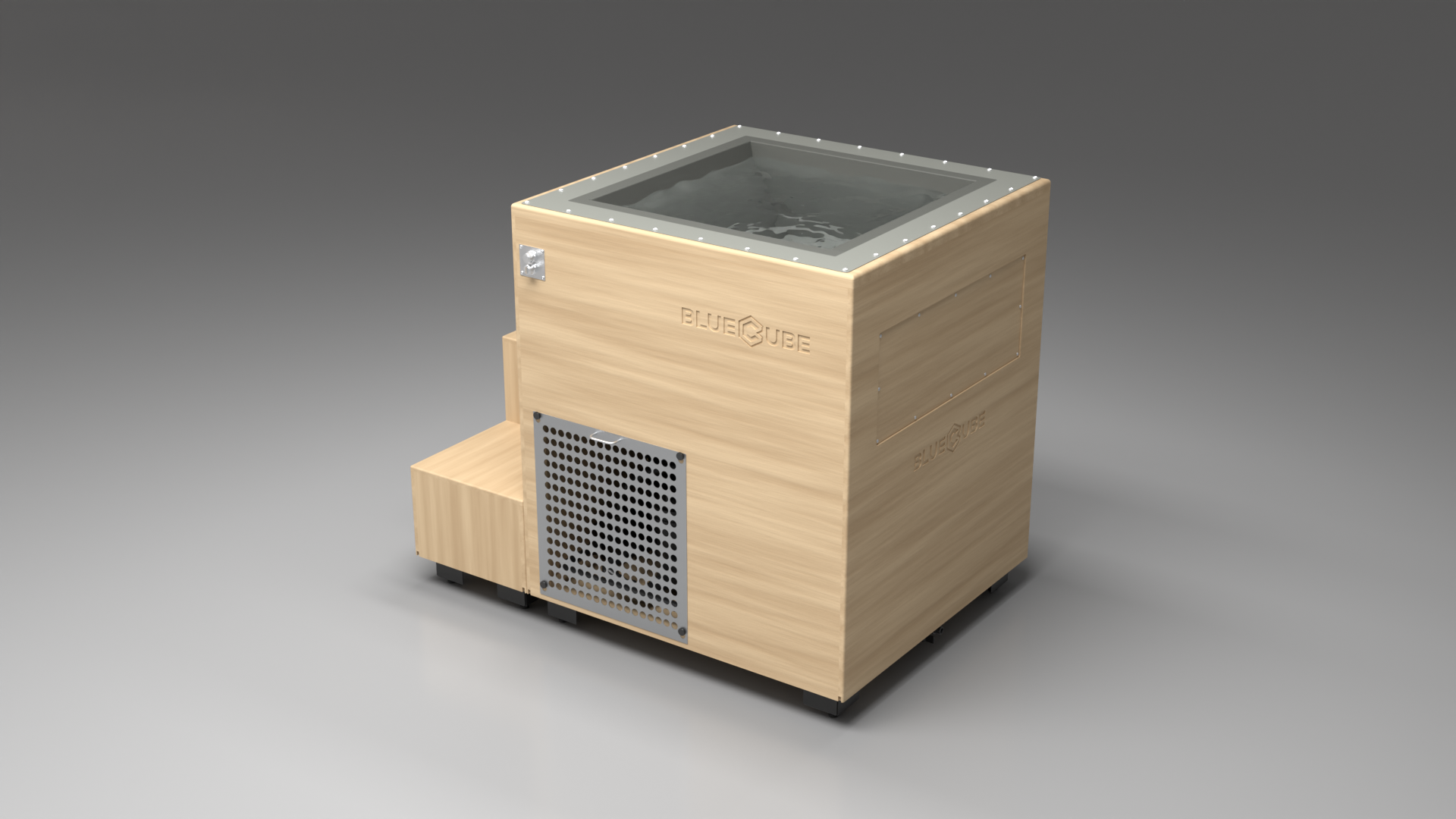 BlueCube LIMITLESS cold plunge tub uncladded with perforated screens with hempcarbon tub left back view [bc color=uncladded screen=screen deck=none tub=hempcarbon view=bl]