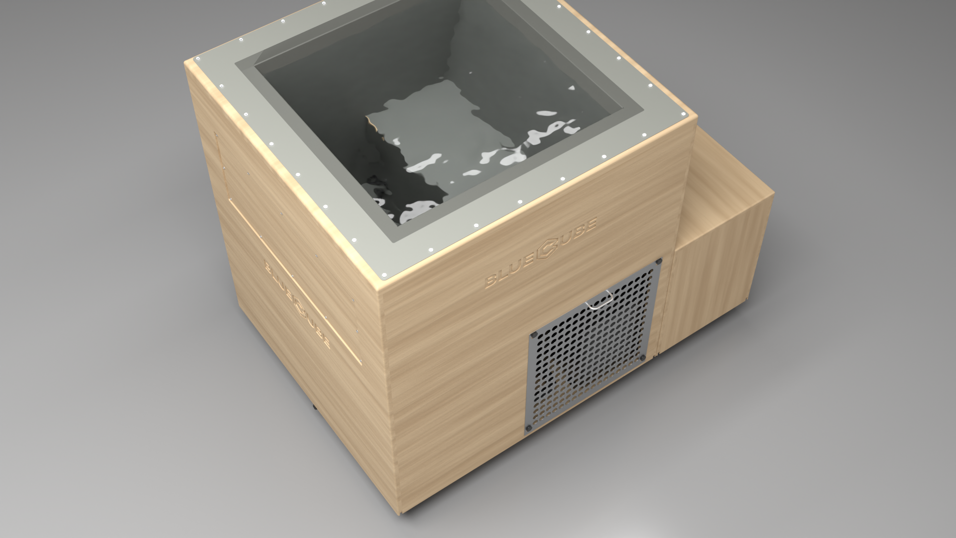 BlueCube LIMITLESS cold plunge tub uncladded with perforated screens with hempcarbon tub top down view [bc color=uncladded screen=screen deck=none tub=hempcarbon view=top]
