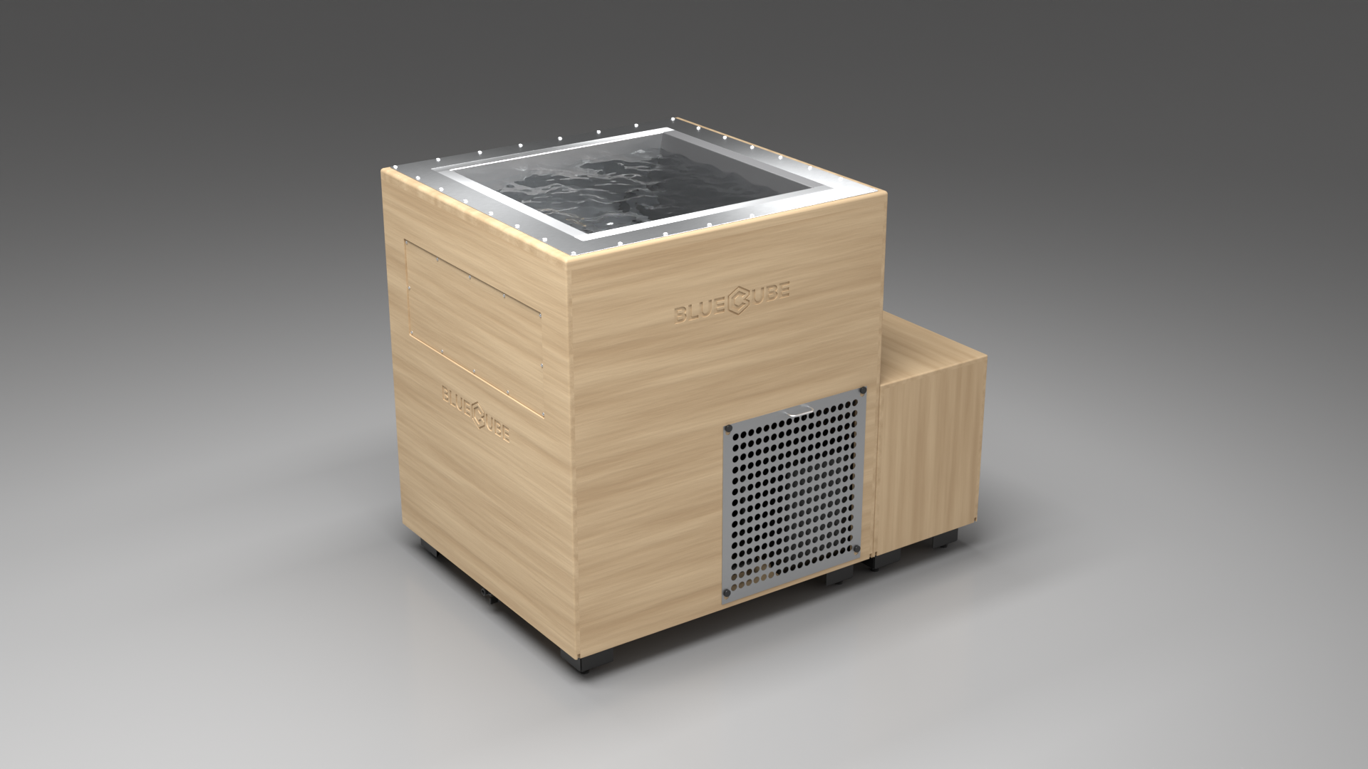 BlueCube LIMITLESS cold plunge tub uncladded with perforated screens left front view [bc color=uncladded screen=screen deck=none tub=stainless view=fl]