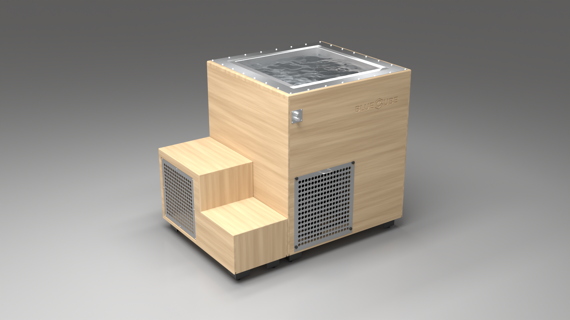 BlueCube LIMITLESS cold plunge tub uncladded with perforated screens right back view [bc color=uncladded screen=screen deck=none tub=stainless view=br]