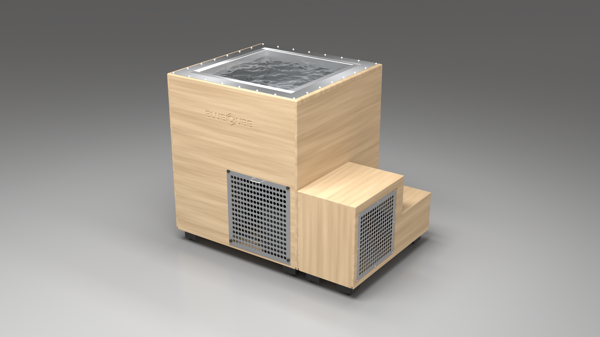 BlueCube LIMITLESS cold plunge tub uncladded with perforated screens right front view [bc color=uncladded screen=screen deck=none tub=stainless view=fr]