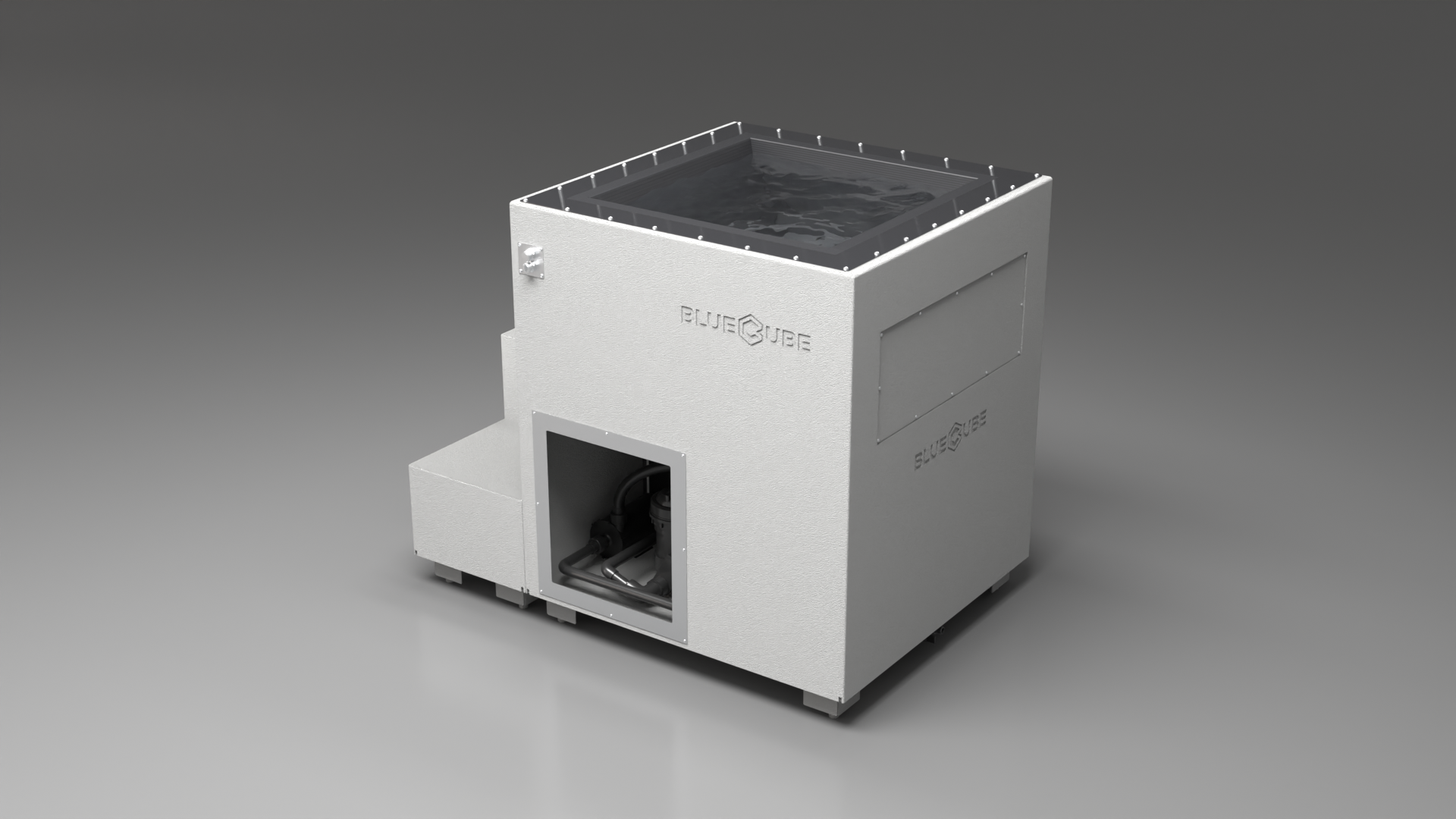 BlueCube LIMITLESS cold plunge tub white with carbon fiber tub left back view [bc color=white screen=frame deck=none tub=carbon-fiber view=bl]