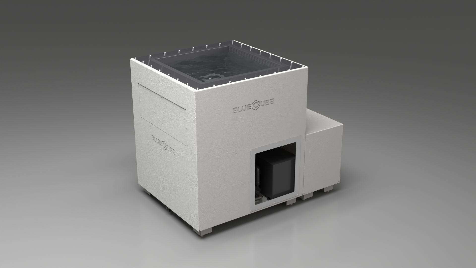 BlueCube LIMITLESS cold plunge tub white with carbon fiber tub left front view [bc color=white screen=frame deck=none tub=carbon-fiber view=fl]