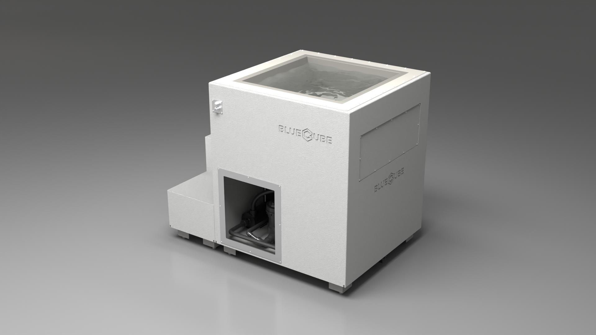 BlueCube LIMITLESS cold plunge tub white with gel coated tub left back view [bc color=white screen=frame deck=none tub=gel-coated view=bl]