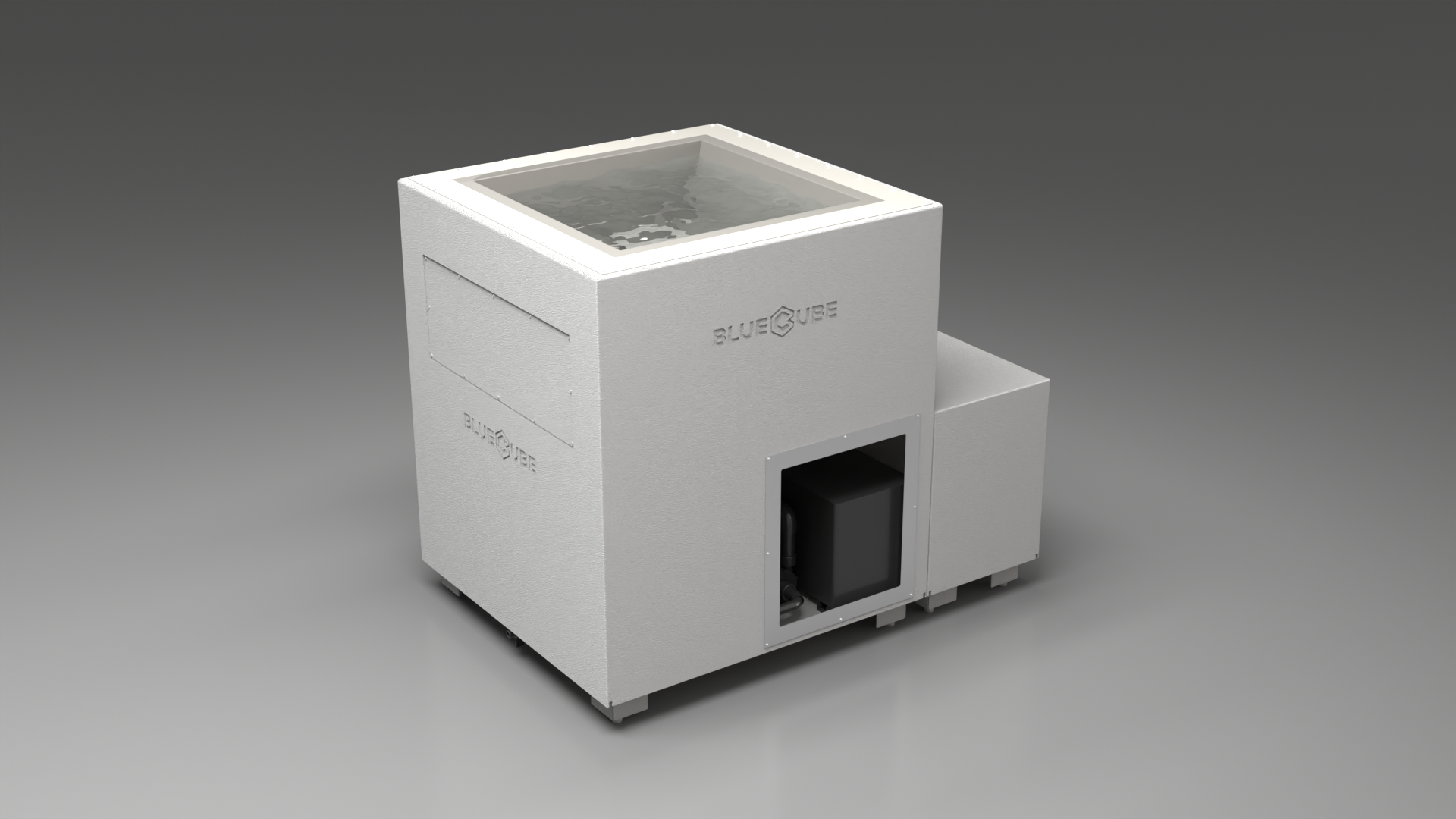 BlueCube LIMITLESS cold plunge tub white with gel coated tub left front view [bc color=white screen=frame deck=none tub=gel-coated view=fl]