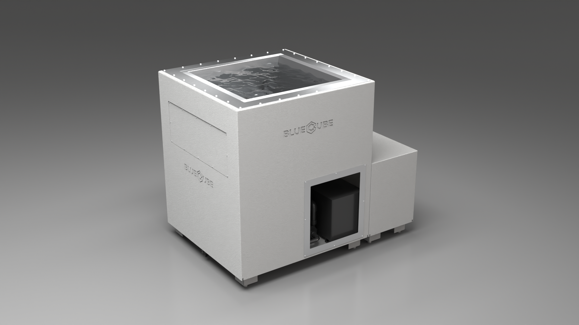 BlueCube LIMITLESS cold plunge tub white left front view [bc color=white screen=frame deck=none tub=stainless view=fl]