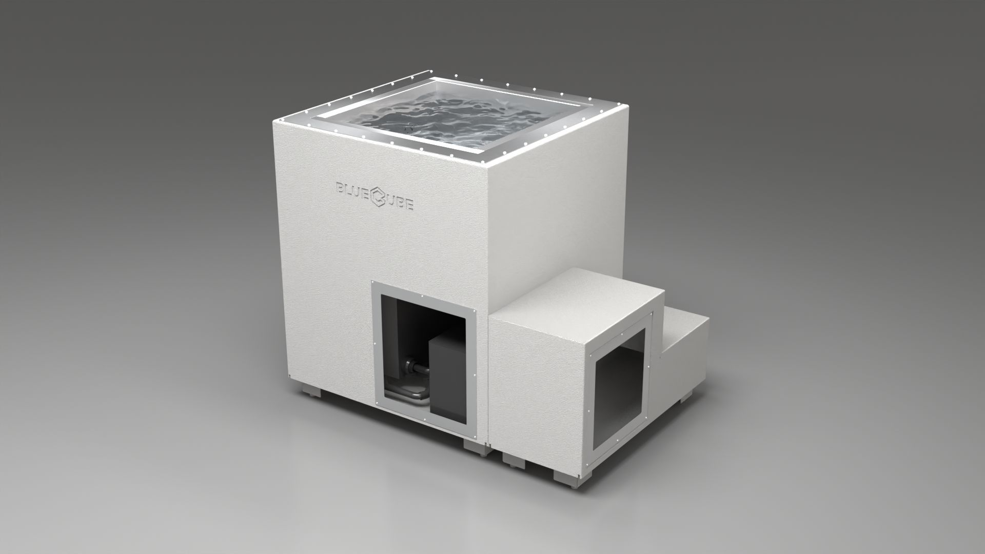 BlueCube LIMITLESS cold plunge tub white right front view [bc color=white screen=frame deck=none tub=stainless view=fr]