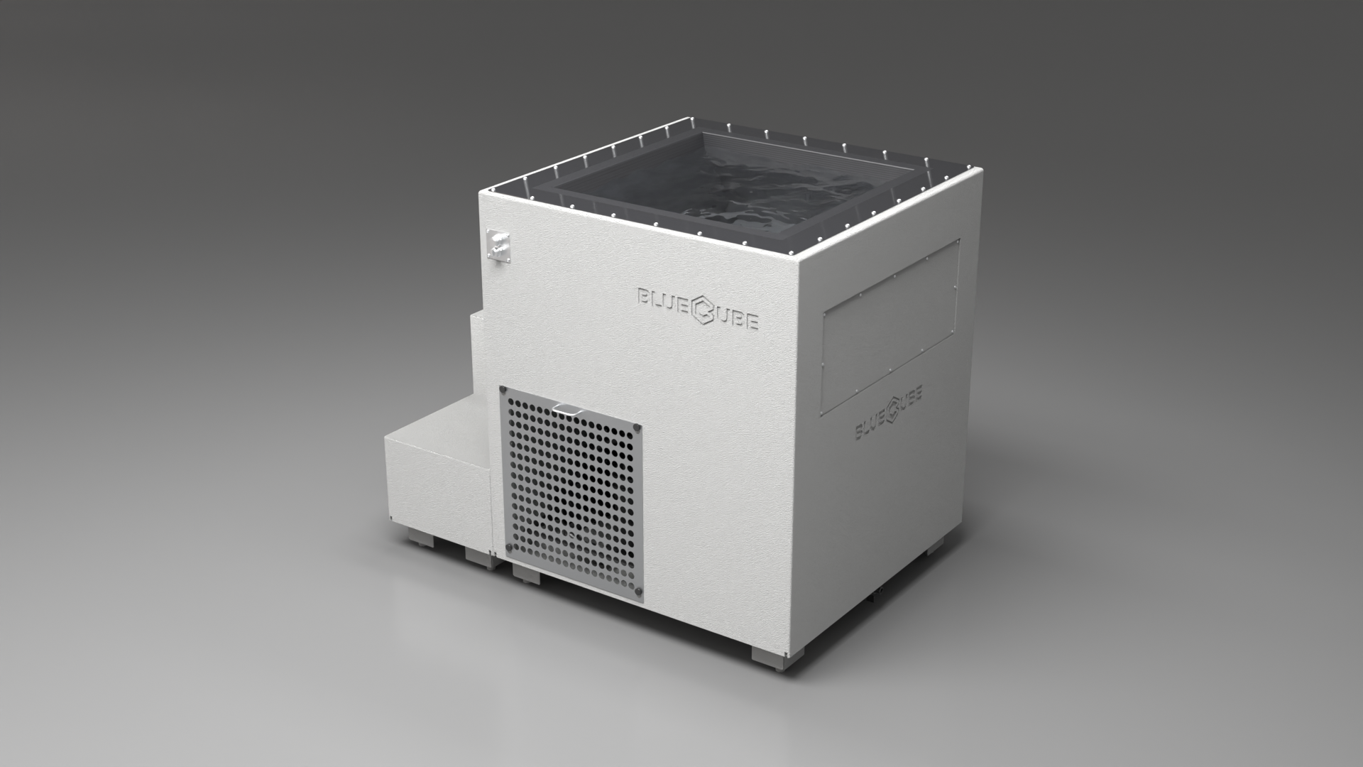 BlueCube LIMITLESS cold plunge tub white with perforated screens with carbon fiber tub left back view [bc color=white screen=screen deck=none tub=carbon-fiber view=bl]