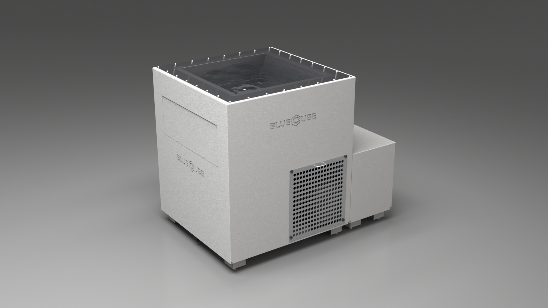 BlueCube LIMITLESS cold plunge tub white with perforated screens with carbon fiber tub left front view [bc color=white screen=screen deck=none tub=carbon-fiber view=fl]