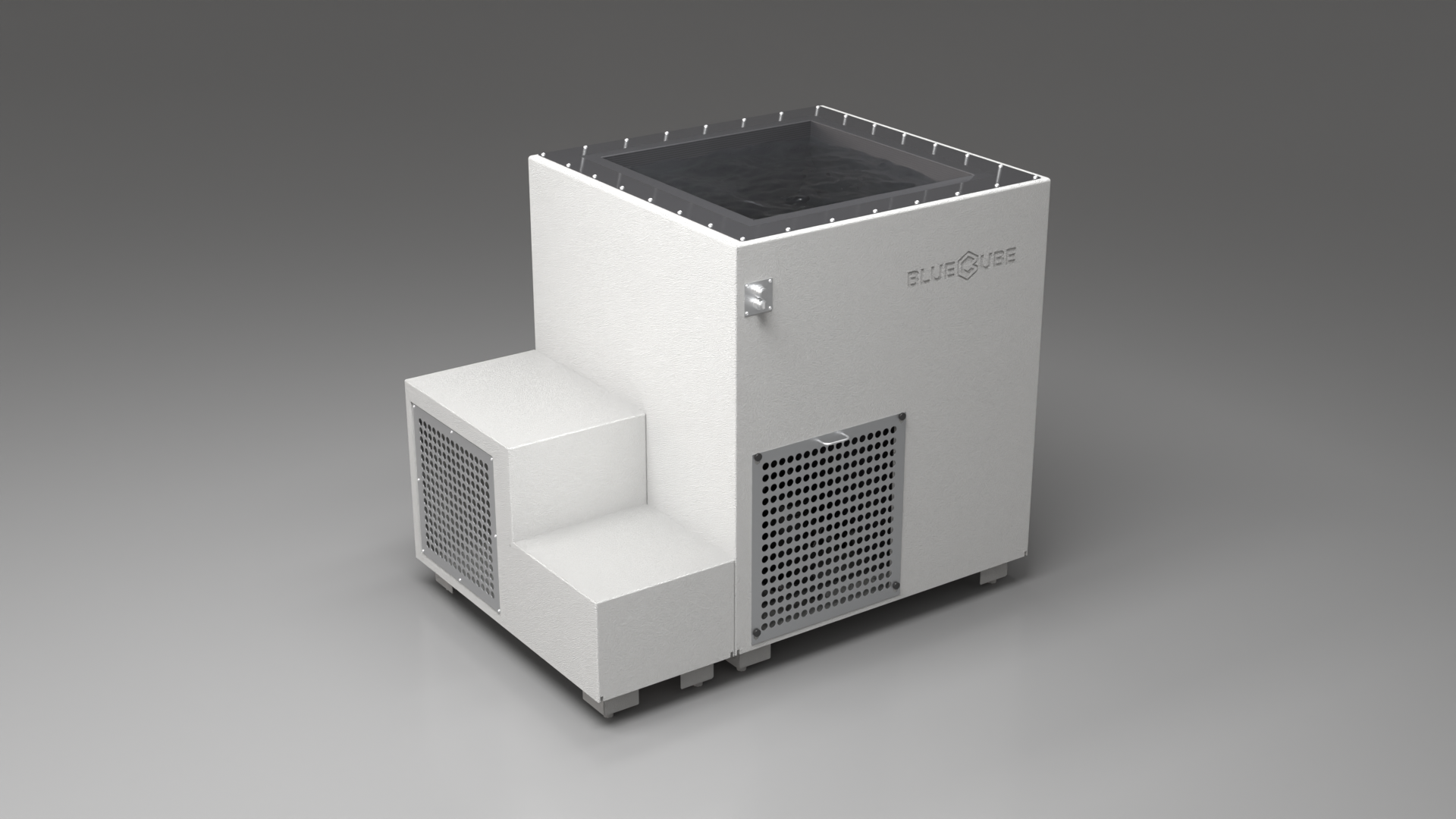 BlueCube LIMITLESS cold plunge tub white with perforated screens with carbon fiber tub right back view [bc color=white screen=screen deck=none tub=carbon-fiber view=br]