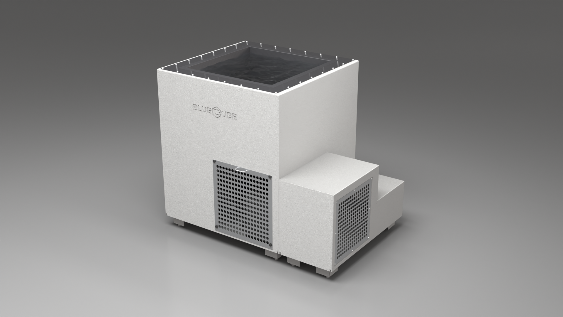 BlueCube LIMITLESS cold plunge tub white with perforated screens with carbon fiber tub right front view [bc color=white screen=screen deck=none tub=carbon-fiber view=fr]