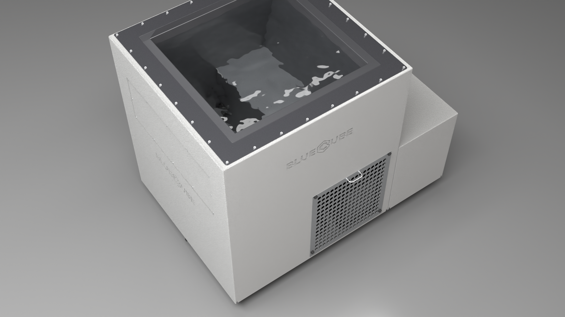BlueCube LIMITLESS cold plunge tub white with perforated screens with carbon fiber tub top down view [bc color=white screen=screen deck=none tub=carbon-fiber view=top]