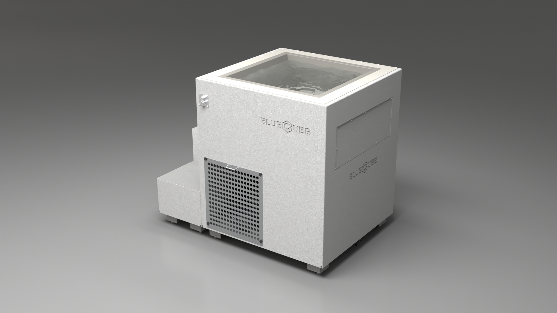 BlueCube LIMITLESS cold plunge tub white with perforated screens with gel coated tub left back view [bc color=white screen=screen deck=none tub=gel-coated view=bl]