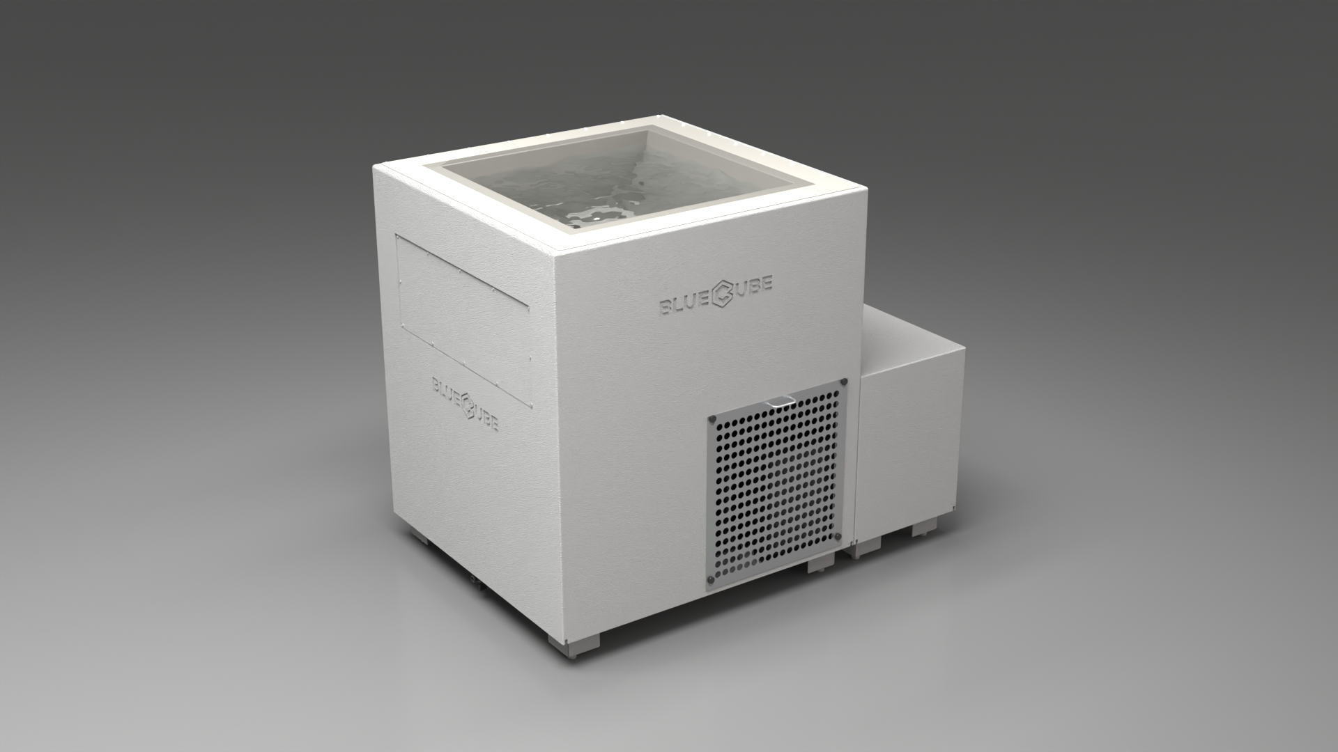 BlueCube LIMITLESS cold plunge tub white with perforated screens with gel coated tub left front view [bc color=white screen=screen deck=none tub=gel-coated view=fl]