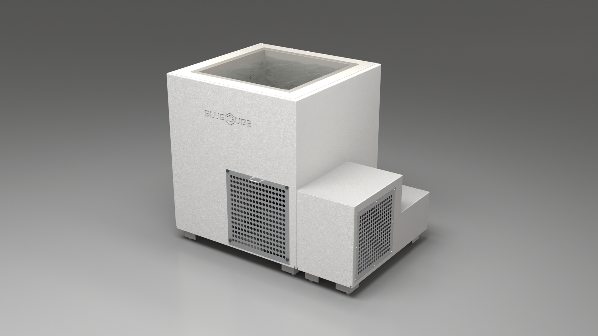 BlueCube LIMITLESS cold plunge tub white with perforated screens with gel coated tub right front view [bc color=white screen=screen deck=none tub=gel-coated view=fr]
