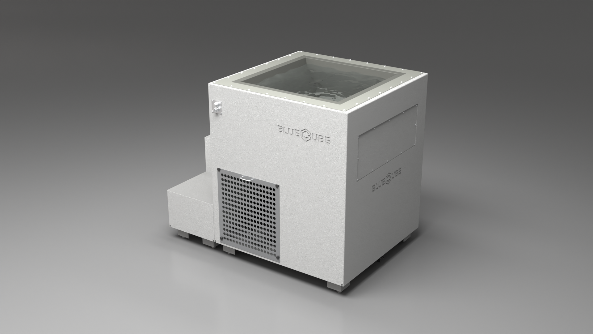 BlueCube LIMITLESS cold plunge tub white with perforated screens with hempcarbon tub left back view [bc color=white screen=screen deck=none tub=hempcarbon view=bl]