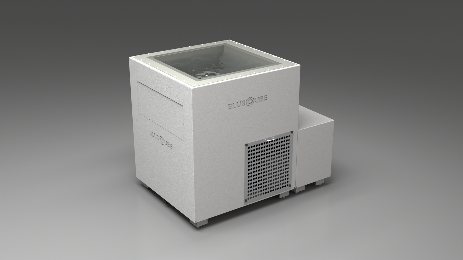 BlueCube LIMITLESS cold plunge tub white with perforated screens with hempcarbon tub left front view [bc color=white screen=screen deck=none tub=hempcarbon view=fl]