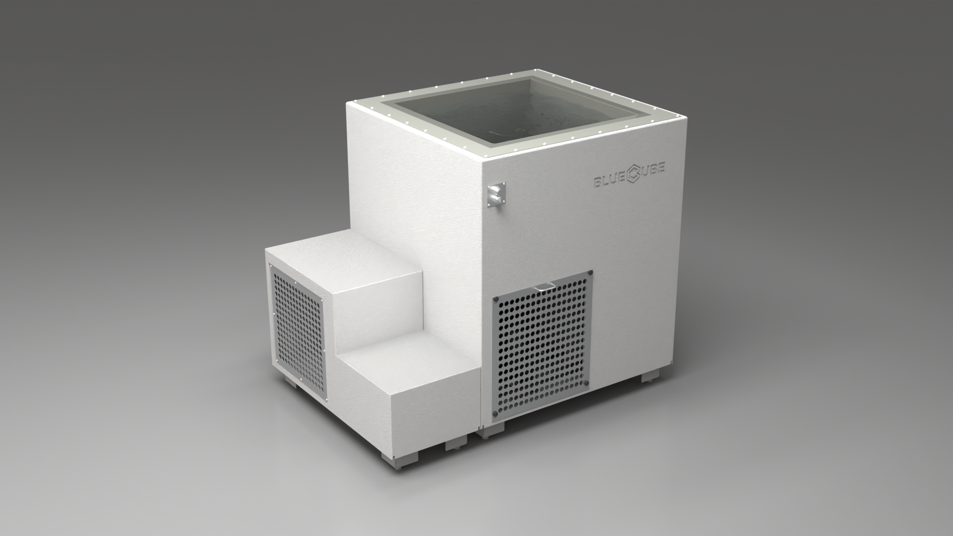 BlueCube LIMITLESS cold plunge tub white with perforated screens with hempcarbon tub right back view [bc color=white screen=screen deck=none tub=hempcarbon view=br]