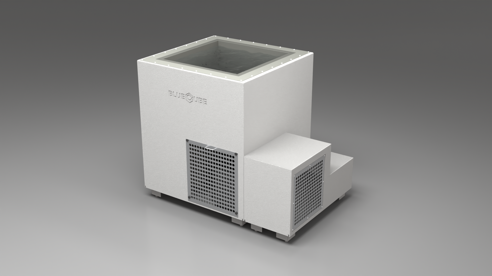 BlueCube LIMITLESS cold plunge tub white with perforated screens with hempcarbon tub right front view [bc color=white screen=screen deck=none tub=hempcarbon view=fr]