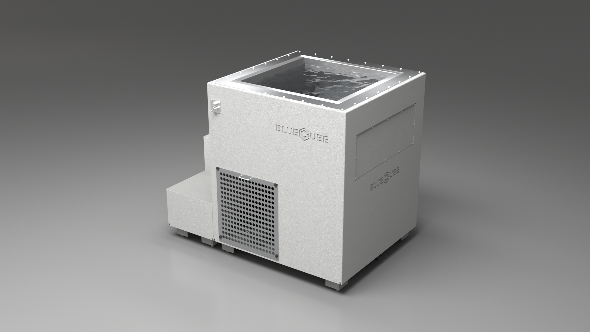 BlueCube LIMITLESS cold plunge tub white with perforated screens left back view [bc color=white screen=screen deck=none tub=stainless view=bl]