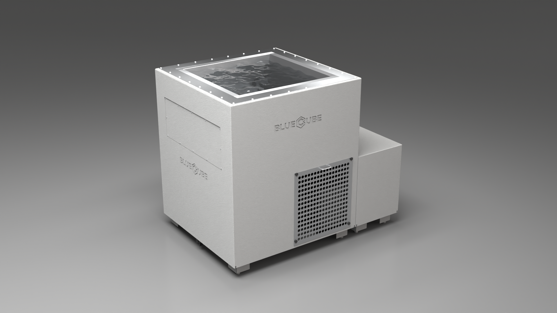 BlueCube LIMITLESS cold plunge tub white with perforated screens left front view [bc color=white screen=screen deck=none tub=stainless view=fl]