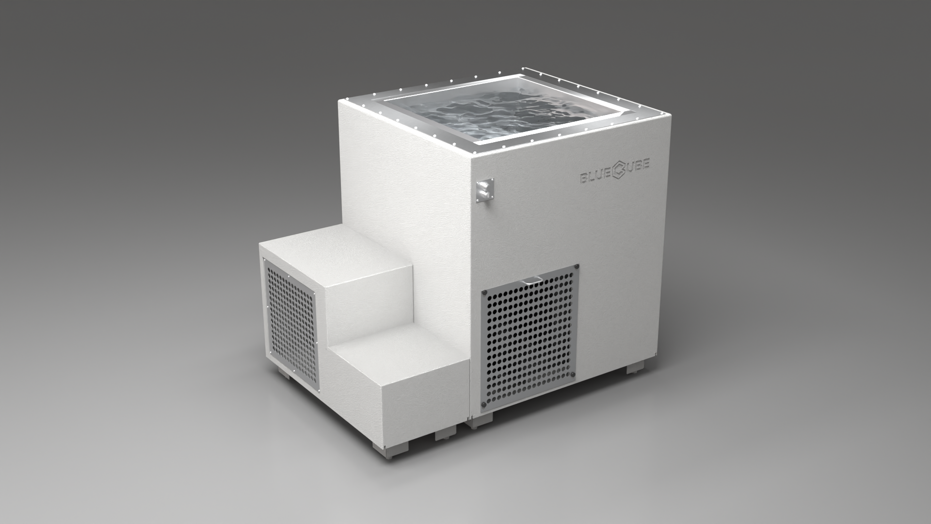 BlueCube LIMITLESS cold plunge tub white with perforated screens right back view [bc color=white screen=screen deck=none tub=stainless view=br]