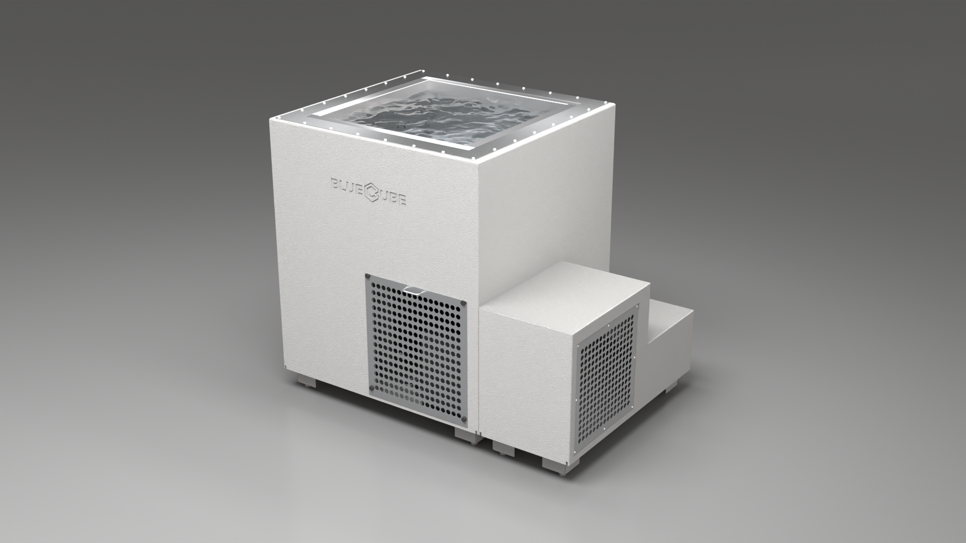 BlueCube LIMITLESS cold plunge tub white with perforated screens right front view [bc color=white screen=screen deck=none tub=stainless view=fr]