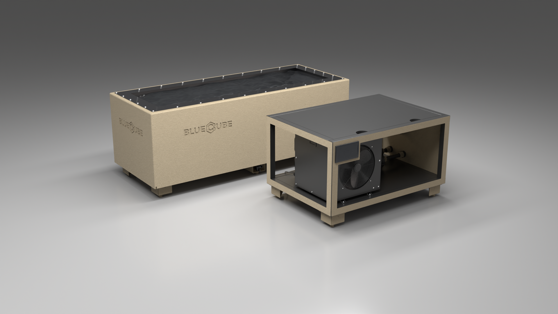 BlueCube CM cold plunge tub beige with carbon fiber tub left front view [bc color=beige deck=none tub=carbon-fiber view=fl]