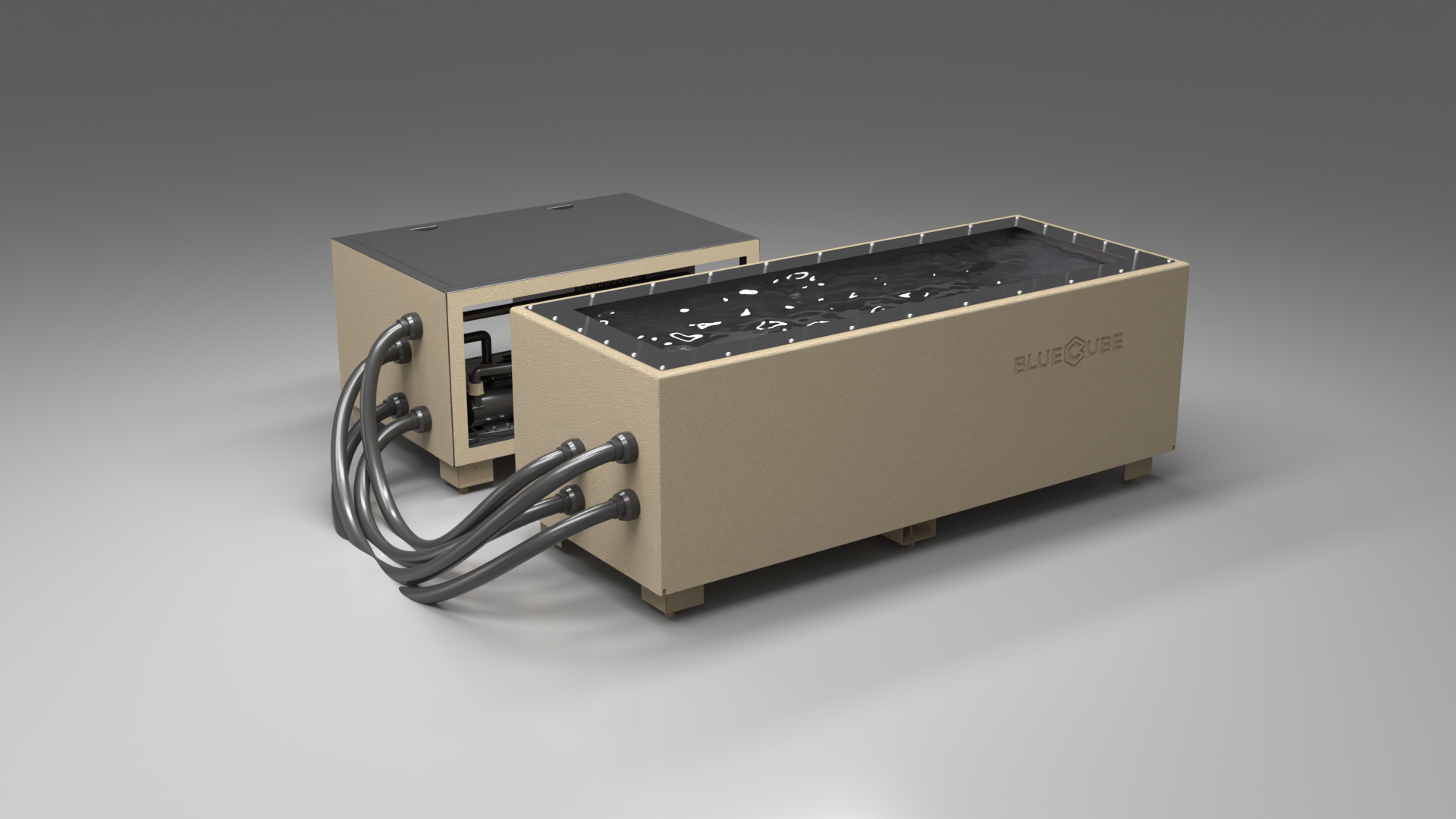 BlueCube CM cold plunge tub beige with carbon fiber tub right back view [bc color=beige deck=none tub=carbon-fiber view=br]