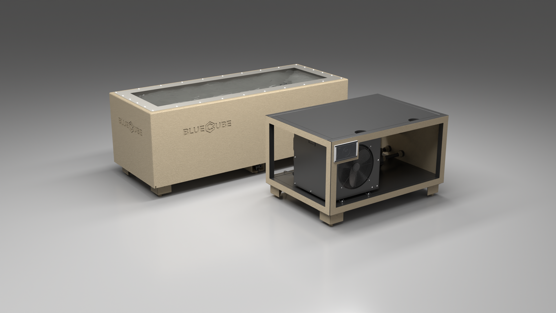 BlueCube CM cold plunge tub beige with gel coated tub left front view [bc color=beige deck=none tub=gel-coated view=fl]