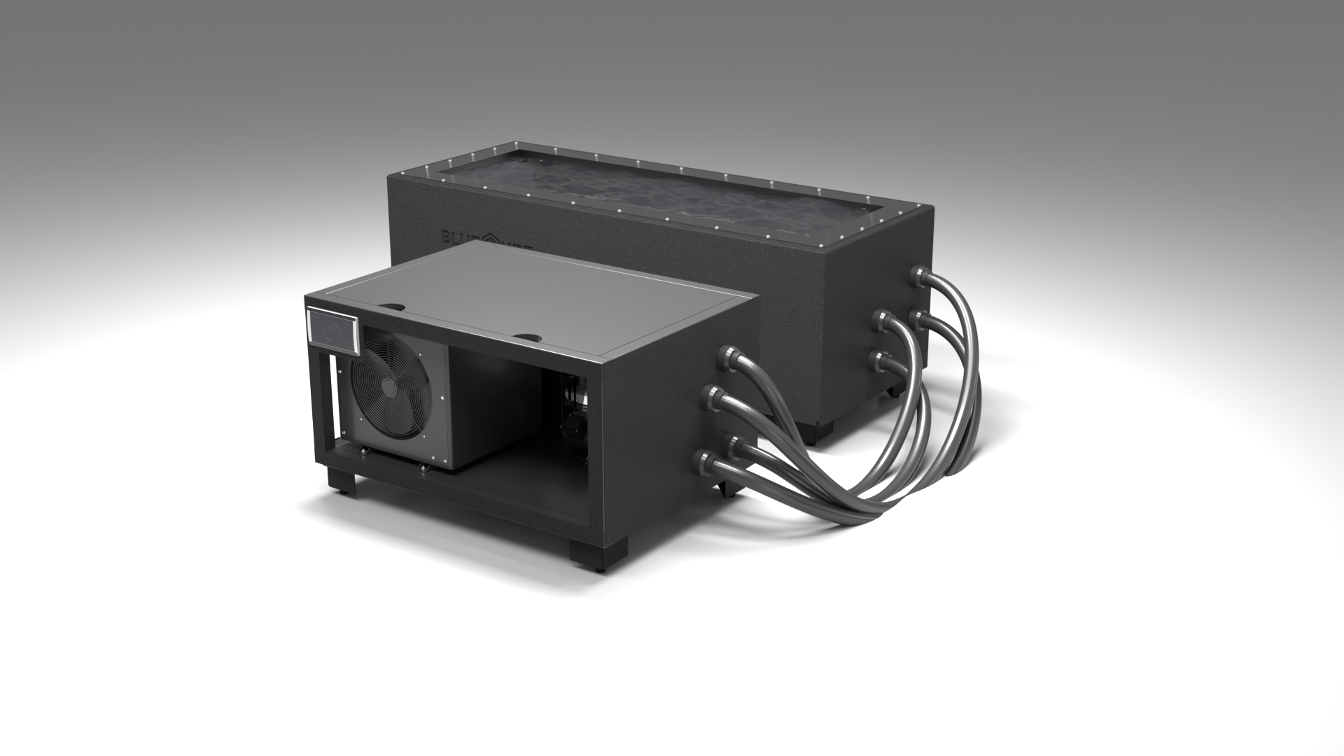 BlueCube CM cold plunge tub black with carbon fiber tub right front view [bc color=black deck=none tub=carbon-fiber view=fr]