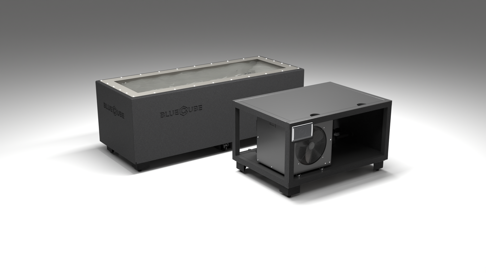 BlueCube CM cold plunge tub black with gel coated tub left front view [bc color=black deck=none tub=gel-coated view=fl]
