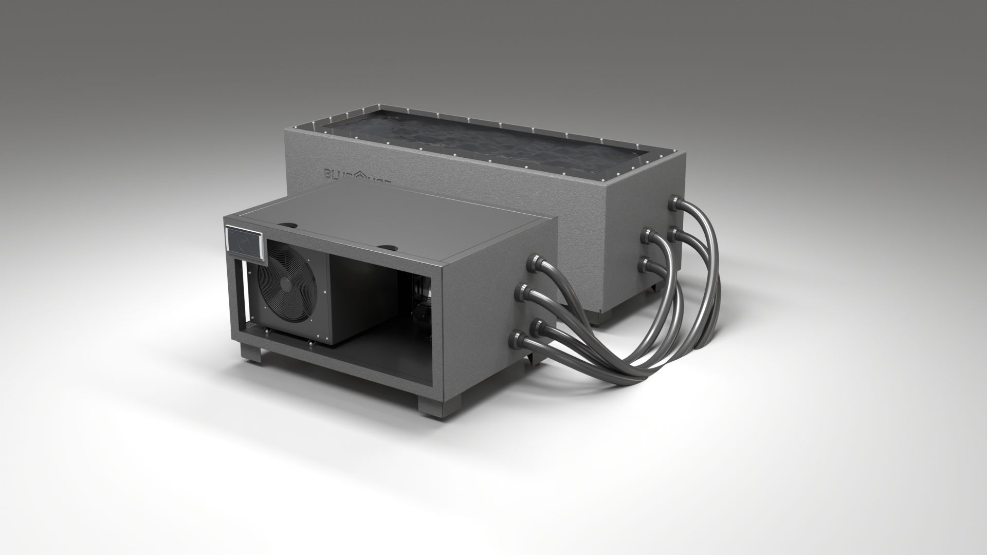 BlueCube CM cold plunge tub grey with carbon fiber tub right front view [bc color=grey deck=none tub=carbon-fiber view=fr]