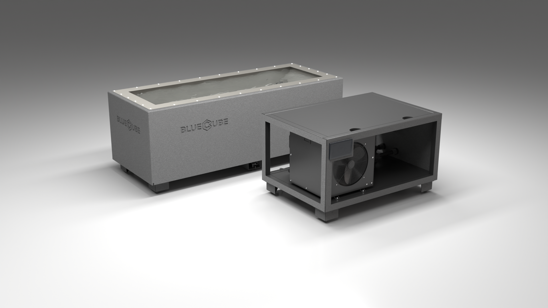 BlueCube CM cold plunge tub grey with gel coated tub left front view [bc color=grey deck=none tub=gel-coated view=fl]