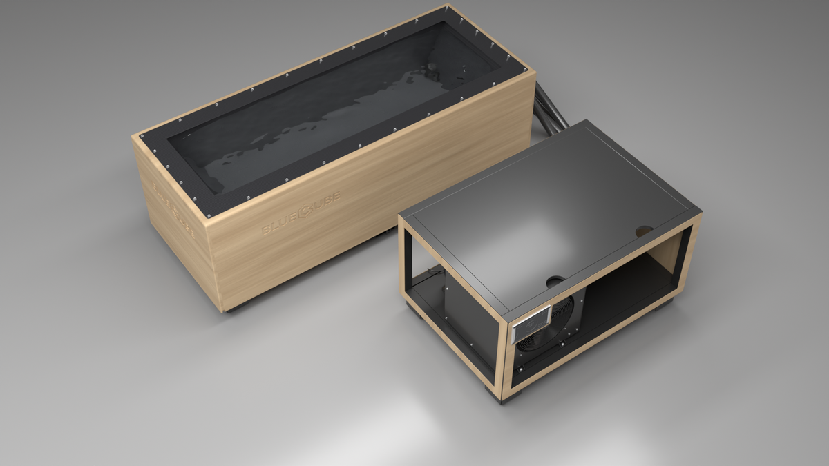 BlueCube CM cold plunge tub uncladded with carbon fiber tub top down view [bc color=uncladded deck=none tub=carbon-fiber view=top]