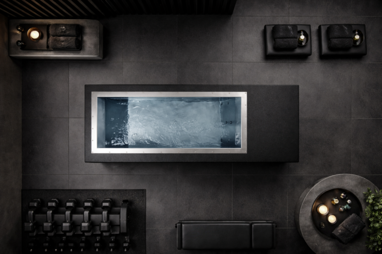 BlueCube Commercial Cold Plunge with black exterior in a commercial gym or wellness facility