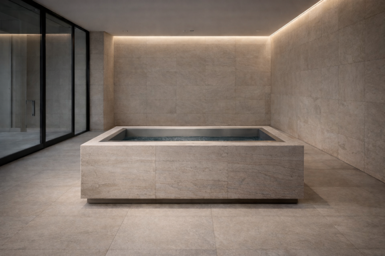 Custom BlueCube Cold Plunge Ice Bath with Travertine cladding in a Luxury Wellness Center