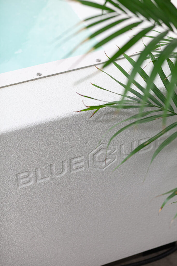 White Linex BlueCube Cold Plunge Ice Bath with CNC logo and palm leaf