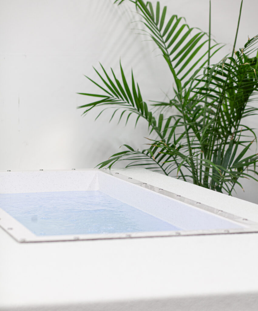 Commercial White Gel Coated BlueCube Cold Plunge Ice Bath in a spa with palm in the background