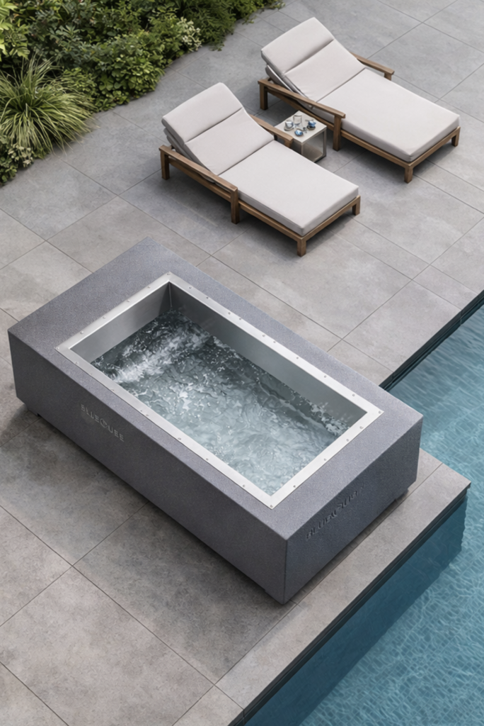 Grey BlueCube Luxury Cold Plunge next to a pool