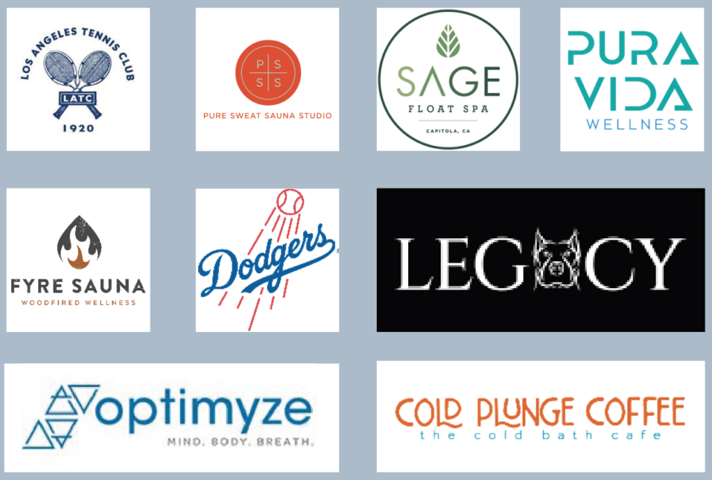 Logos of featured bluecube ice bath customers Los Angeles Tennis Club, Pure Sweat Sauna Studio, Sage Float Spa, Pura Vida Wellness, Onnit Gym, Multnomah Athletic Club, Cincinnati Athletic Club, Gold’s Gym, Optimyze, Sweat and Tonic, Fyre Sauna, Los Angeles Dodgers, Vancouver Canucks, Victory MMA & Fitness, Legacy, Portal, Cold Plunge Coffee, Sabino Recovery